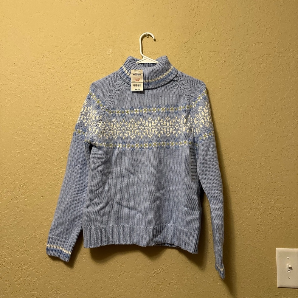 St. John's Bay Women's Periwinkle Turtleneck Sweater with a Fairisle Pattern